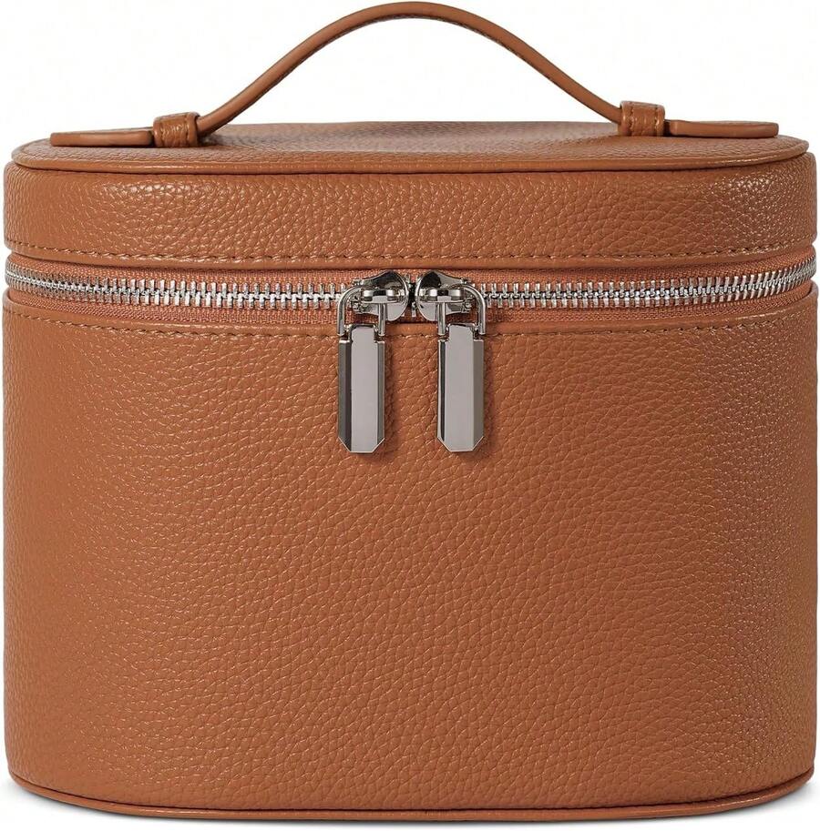 Neceser de maquillaje de viaje con compartimentos y asa, bolsa de aseo portátil para mujer, marrón, 19.3 x 14 x 15.2 cm, Clásico - Tejido medio-negro - Ver 1