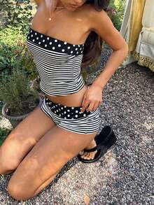 DOUCIU 波点条纹背心和高腰短裤两件套街头日常穿搭 - 黑色 - 查看 4