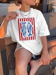 Striped And Fish Pattern Graphic Print T-Shirt For Casual Vacation Style. Retro Wash T-Shirt. New Women's Clothing. Suitable For Casual Outings And Vacations. Classic Hot Women's Outfit    Ladies Vintage Washed Relaxed Fit Cotton Basic Tee    Ladies Vintage Washed Relaxed Fit Cotton Basic Tee - 白色 - 查看 7
