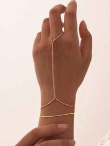 1pc Minimalist Fashion Metal Beads Chain Link Finger Ring Bracelet (Handmade Chain Cut To Appropriate Size, Random Bead Quantity) - Gold 3 - View 8