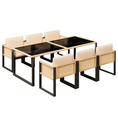 Poly Rattan Dining Table And Chair Set, Garden Furniture, Garden Dining Set For 6 People With Armchairs, Removable And Washable Fabric Covers.