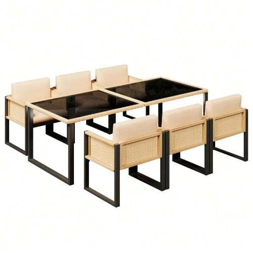 Poly Rattan Dining Table And Chair Set, Garden Furniture, Garden Dining Set For 6 People With Armchairs, Removable And Washable Fabric Covers. - Black - View 1