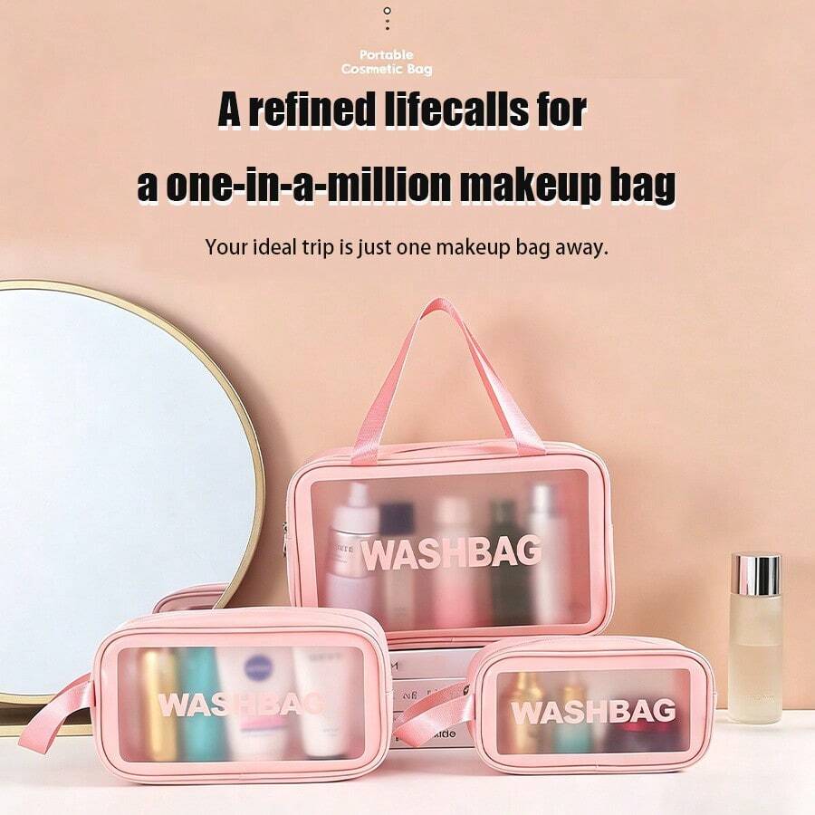 1pc Korean Style PU Frosted Cosmetic Bag Large Capacity Travel Toiletry Bag - Pink - View 1