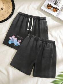 Unisex Floral Print Washed Denim Bermuda Shorts Loose Fit Casual Summer - 黑色 - 查看 2