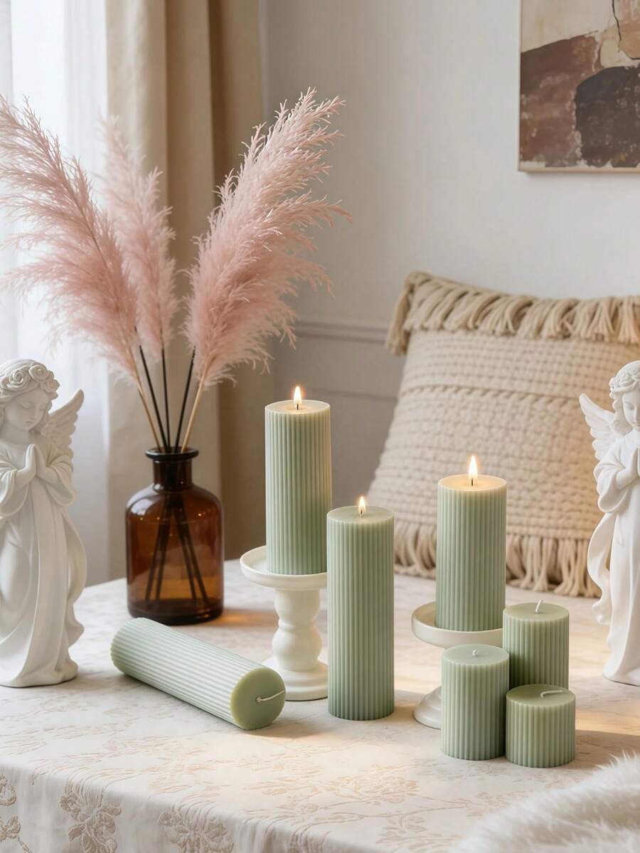 1 pieza Vela perfumada verde oliva francés - Vela de pilar a rayas (1.97 pulgadas de diámetro). Disponible en múltiples tamaños. Ideal para meditación, iluminación y creación de ambiente. Adecuada para decoración del hogar, reuniones familiares, ambientación de escenas, decoración de la sala de estar - Frijoles verdes - Ver 1