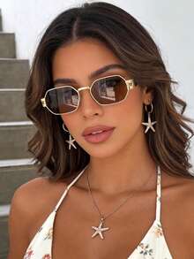 1pc Polygonal Small Frame Fashion Glasses, Vintage Elegant Hollow-Out Design Women's Glasses, Suitable For Daily Wear, Street Style, Vacation, Travel, Summer Beach, Outdoor, Travel Beach Accessories - Vàng - Xem 5