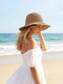 1 buah Topi Jerami Lipat Bertepi Lebar untuk Wanita, Topi Pantai Multifungsi Pelindung Matahari, Cocok untuk Liburan Pantai Musim Panas - MultiWarna - View 4