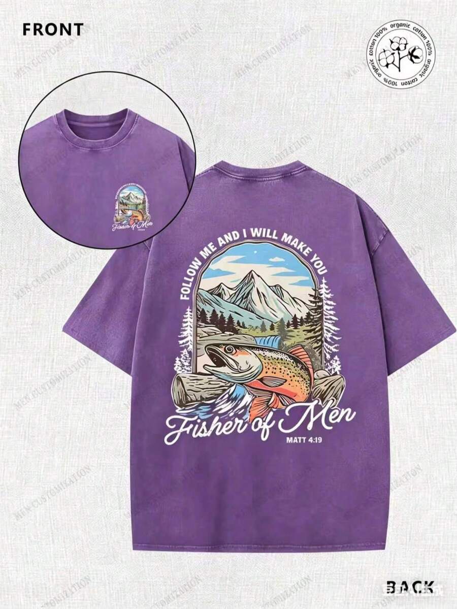Matthew's Gospel, Fishing, Fisherman, Religion, 230g Double-Sided Printed Batik Vintage Washed T-Shirt, 100% Cotton, Comfortable For Summer Wear, Simple And Casual, Men's Cool Short-Sleeve T-Shirt - 紫色 - 查看 1