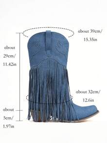 Women's Fringe Cowgirl Western Boots Fashion Embroider Mid Calf Cowboy Boots Chunky Heel Pull On Vacation Casual Party Ridding Shoes For Woman - Dark Blue - 查看 6