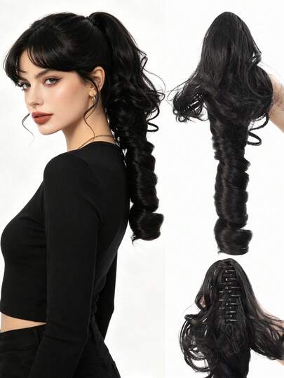 16-Inch Deep Wave Heat-Resistant Synthetic Ponytail Wig, Black/Brown, Claw Clip Design, Suitable For Women To Wear On Christmas, Halloween, Music Festivals And Daily Use,Travel,Birthday