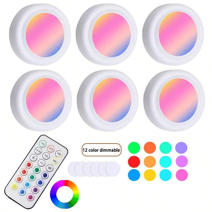 6入組 RGB 衣櫃燈、櫥櫃燈，便攜式 LED 燈，冰球燈，適用於居家裝飾、派對佈置、臥室、樓梯、衣櫃、臥室牆面、櫥櫃等場景，可營造多種氛圍（附遙控器）