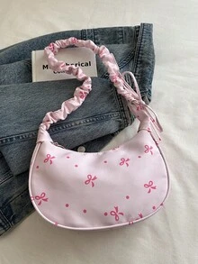 1 chiếc túi đeo vai bằng vải nylon màu hồng, khóa kéo trơn, dây rút, nơ, in chấm bi, thời trang, đa năng, phong cách tối giản, mùa xuân/hè, mẫu mới độc đáo, phù hợp cho nữ sử dụng hàng ngày. - Hồng - Xem 6