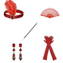 5 pièces Ensemble d'accessoires de costume pour soirée de gala de luxe, réunion annuelle, représentation sur scène, dans le style rétro des années 1920, thème de fête jazz et mascarade - Rouge - Voir 7