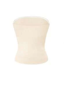 Vaiaye Women's Seamless Strapless Solid Color Elastic Fitted Camisole, Fashionable Strapless Basic Tank Top For Spring & Summer Casual - Apricot - View 4