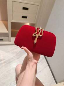 1pc Glamorous Metallic Snake Decor Clutch Bag, Luxury Shiny Vintage Gold Box Style Mini Purse, Fashionable, Charming, Elegant Women's Evening Handbag, Suitable For Wedding, Themed Formal Party, Prom, Birthday Celebration, Comes With Chain - 紅色 - 查看 9