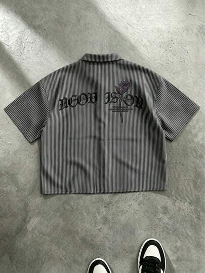  FRACTYR 男士夏季休闲宽松舒适短袖梭织衬衫，条纹款式，玫瑰元素，时尚百搭，适合街头穿着。