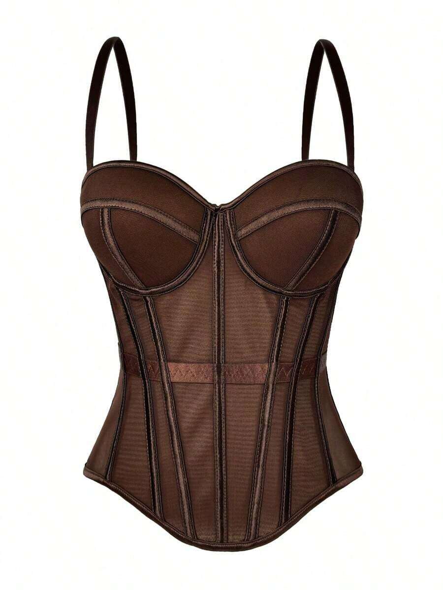 Camiseta sin espalda de malla de unicolor marrón con estilo de corsé para mujer, lencería casual de otoño/invierno negra de verano - Marrón - Ver 1