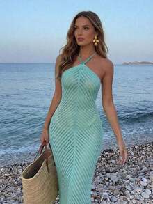 Women's Faux Pearl Decor Camisole Dress, Lace-Up Blue Loose Dress, Bohemian Style Bodycon Pencil Dress. Suitable For Beach Outings, Casual Vacation, Music Festivals, Beach Parties, And Cocktail Events Summer - Màu xanh bạc hà - Xem 9