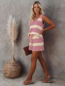 Conjunto de punto de chaleco y pantalones cortos a rayas de contraste de cuello en V, estilo elegante y relajado, adecuado para el uso diario, vacaciones, salidas a la playa en verano - Rosa - Ver 5
