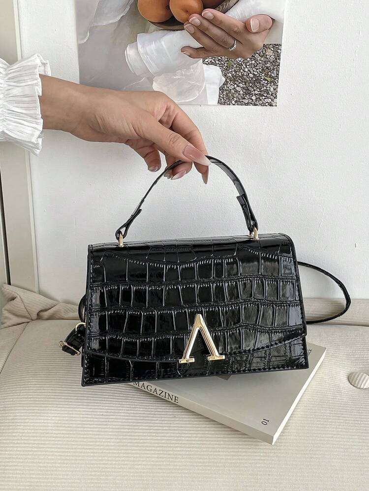 2026 New European And American Stone Texture Letter V-Buckle Shoulder Bag, Women's Fashion Versatile Crossbody Bucket Bag, Luxury Handbag - Black - View 6