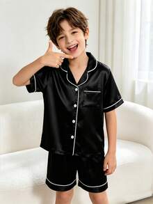 Tween Boy Black Mottled Collar Short Sleeve Single-Breasted Top And Shorts Casual Pajama 2-Piece Set - Black - View 5