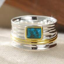 Vintage Minimalist Wide Band Ring, Inlaid With Synthetic Turquoise, Handcrafted Quality Copper Material, Exquisite Workmanship, Fashionable & Elegant Jewelry For Women, Suitable For Casual, Travel And Holiday Wear - Silver - View 7
