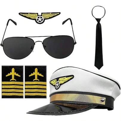Bộ trang phục phi công và tiếp viên hàng không 5 món dành cho nam, bao gồm mũ, cà vạt màu trơn, kính, huy hiệu đeo vai hình máy bay và một chiếc huy hiệu khác. Bộ trang phục tiếp viên hàng không hoàn hảo này phù hợp cho cả nam và nữ, là lựa chọn lý tưởng để tham dự các bữa tiệc thời trang. Phụ kiện trang phục phi công cho tiệc mùa hè.