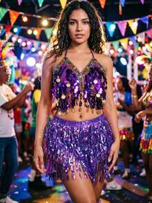 Carnival 2 Pieces Outfit Set - Sequin Fringe Coin Embellished Bra Top & Hip Wrap For Festival, Rave & Parade Wear (Available In Multiple Colors) - Multicolor - View 19