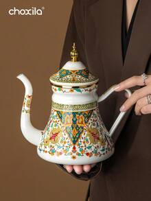 choxila 1pc 1.2L Large Capacity Enamel Floral Pattern Handle Drip Coffee Pot, Suitable For Induction Cooktop And Gas Stove To Brew Coffee Or Tea - Russian Flower Waist Enamel Pot - View 5