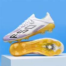 专业足球鞋，男女款，青少年及学生适用，比赛及训练两用TPU鞋钉，无缝免系带足球运动鞋，成人款 - 白色 - 查看 1