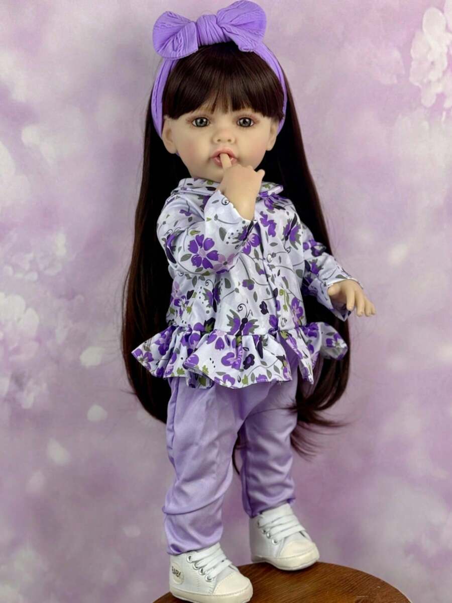 Muñeca Baby Reborn de 55CM 22 pulgadas con extremidades de vinilo suave, cuerpo de tela Recién nacido de pelo largo Princesa Niña pequeña Bebés Regalo de cumpleaños para 3+ niños - muñeca de vinilo suave - Ver 1