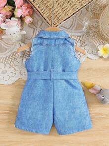 女婴翻领无袖牛仔效果卡通动物印花可爱休闲复古连体衣，配腰带，浅蓝色，夏季新品，春夏款 - 藍色 - 查看 2