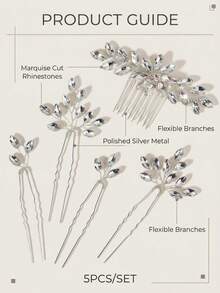 5PCS/SET Silver Rhinestone Bridal Hair Comb & Pins Set, Crystal Leaf Wedding Hair Accessories,Bridal Silver Rhinestone Hair Accessories Set, 1 Hair Comb And 4 U-Shaped Hair Pins,Festival,Birthday - Silver - View 4