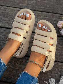 Women's Fashion Casual Comfortable Thick-Soled Slippers, Adjustable Heel Strap, Solid Color Minimalist Versatile Indoor Outdoor Sandals - Beige - View 4