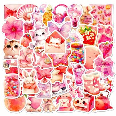 50 PCS Pink Aesthetic Stickers, Cute Cat Bunny Butterfly Watercolor Vinyl Decals, Pink Pastel Stickers For Journaling, Scrapbooking, Laptops, Water Bottles, PhoneCases, Stationery, Gift Wrapping, Party Decorations, DIY Crafts, Planner Supplies, Scrapbook Accessories, Waterproof Stickers For Adults, Teens, Pink Themed Sticker Pack For Decorating Notebooks, Tumblers, Backpacks, Gift Tags, And More