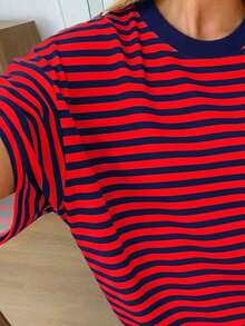 Oversized Loose Fit Short Sleeve T-Shirt, Casual Vacation Outfit For Women Summer - Red - View 5
