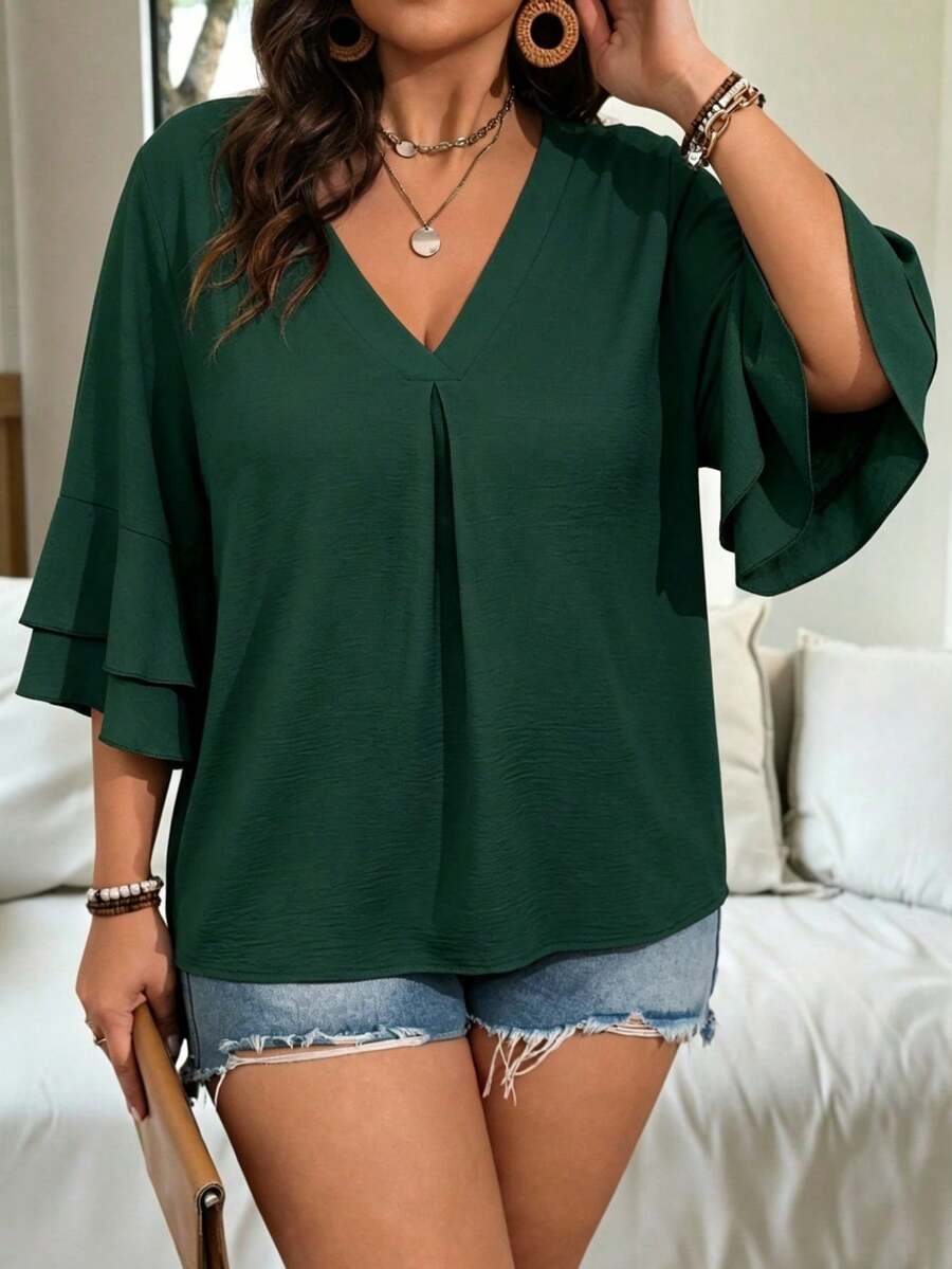 Áo kiểu dáng rộng rãi, thoáng khí, thoải mái, cổ chữ V, tay ngắn, cỡ lớn, mẫu mới mùa xuân 2026, đa năng, thích hợp mặc hàng ngày, đi làm, dạo chơi và đi chơi mùa hè. - Màu xanh lá cây đậm - Xem 1
