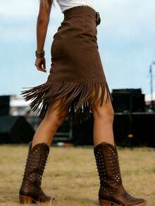 时尚西式女装百搭优雅纯色麂皮流苏迷你裙，休闲日常夏季穿着 - 巧克力棕 - 查看 4