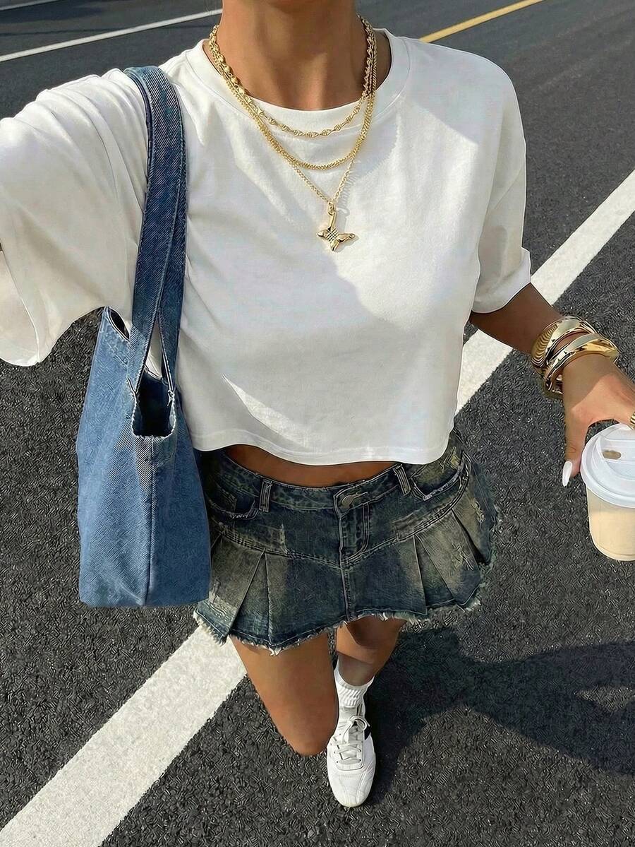 Áo thun crop top trắng dáng rộng phong cách Y2K tối giản dành cho nữ mùa hè - Áo dệt kim ngắn đơn giản, cổ tròn ôm sát, kiểu dáng cơ bản, dễ phối đồ, phù hợp cho mùa hè. - trắng - Xem 1