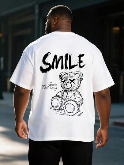 AnChiStreetwear - 大码男士时尚简约线条熊印花休闲短袖T恤，适合街头穿搭、户外活动和日常通勤。