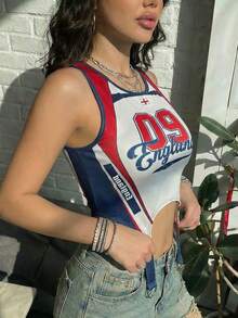 女士休闲英格兰网眼针织圆领不对称修身背心，适合街头服饰、春夏上衣、夏季女装、世界杯 - 彩色 - 查看 6