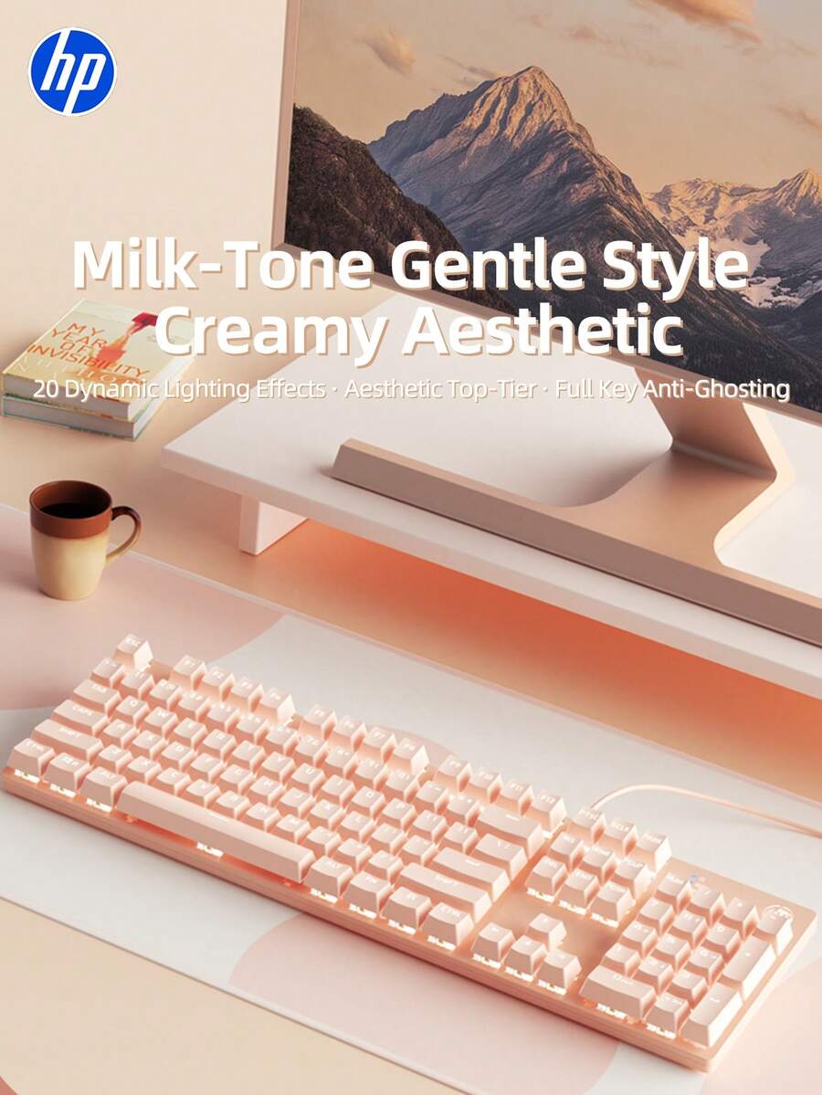HP 惠普品牌高品质有线机械键盘，适用于游戏、办公、笔记本电脑和台式机，男女皆宜的可爱设计，触感舒适的青轴带来快速灵敏的打字体验，兼容Windows/Mac系统 - 奶茶色 - 查看 1