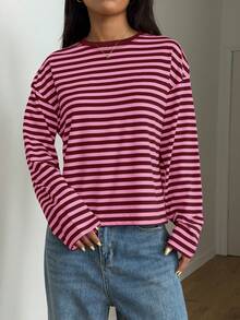 SDNGED Women's Casual Top, Striped Color Block Ribbed Fabric, Everyday Wear Spring/Autumn - Maroon - View 10