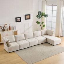Set Of Semi-Compressed Modular Wooden Sofas, Versatile, Flexible And Easy To Connect, Suitable For Any Type Of Home, Upholstered In Beige Linen Fabric (Combination 2A+3B+C). - Beige - View 4