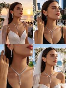 2pcs Sparkling Copper Alloy Rhinestone Tassel Earrings & Necklace Set, Elegant Fashion Jewelry For Party, Wedding, Banquet, All Seasons - Silver - View 9