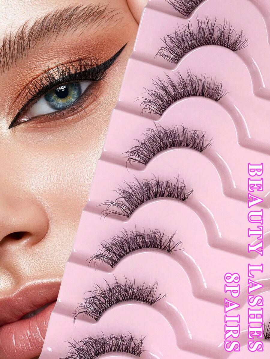 ENCHUW 8 Pairs False Eyelashes Clear Band Faux Mink Lashes Fake Eyelashes Curling Strip Lashes For Daily Wear - Black - View 1