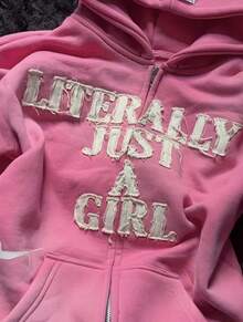 High-Street American Custom-Made Thickened Retro Sun-Faded High-Quality French Pocket Zipper Appliqué Letter Zipper Hoodie - Hồng - Xem 4