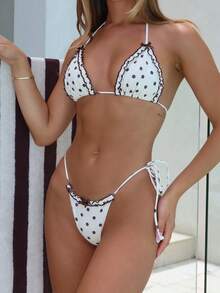 Women's Cute Polka Dot Print Bow Decor Ruffle Design Contrast Color Swimwear Set, Suitable For Summer Beach Vacation, Cute Backless Tie-Up Design, Beach Striped Dot Bow Tie Vacation Beach - Multicolor - View 10