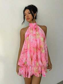 Vestido mini elegante de mujer con cuello halter y lazo en color amarillo claro - Amarillo claro - Ver 6