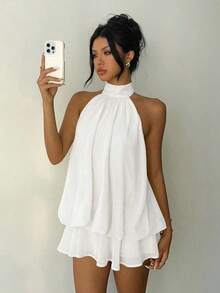 Elegant Women's Mini Dress With Halter Neck And Bow In Light Yellow - White - View 4